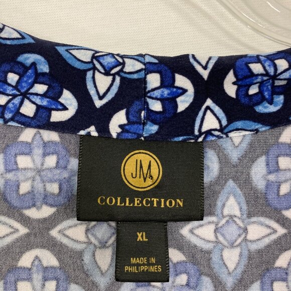JM Collection XL Blue Black Floral Abstract Pattern Stretch Knit Top Office - Picture 2 of 9